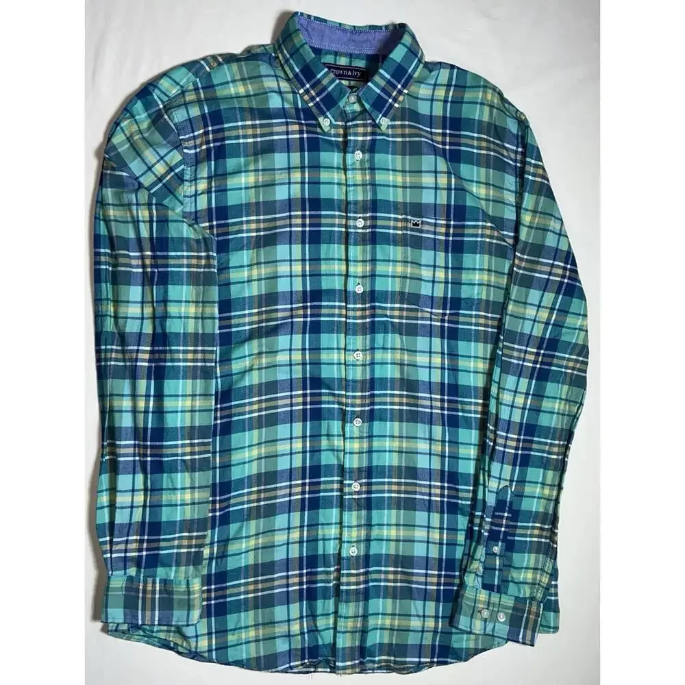Crown & Ivy Big&Tall Lt Green Classic Fit Long Plaid Sleeve Button Up Shirt Hot